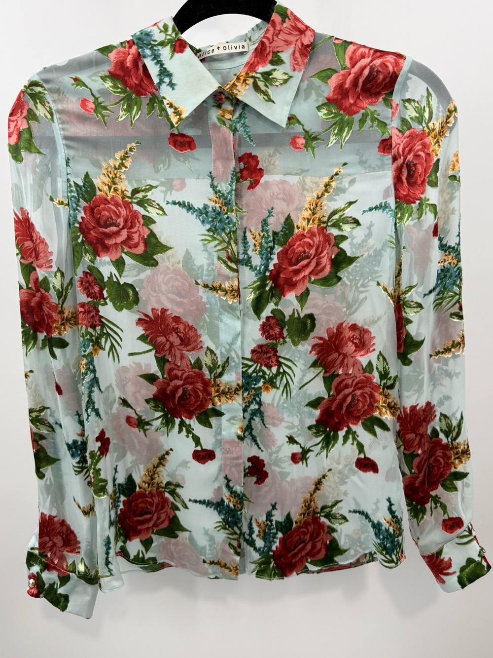 Alice + Olivia Silk Blend Floral Sheer Button Front Blouse Size XS